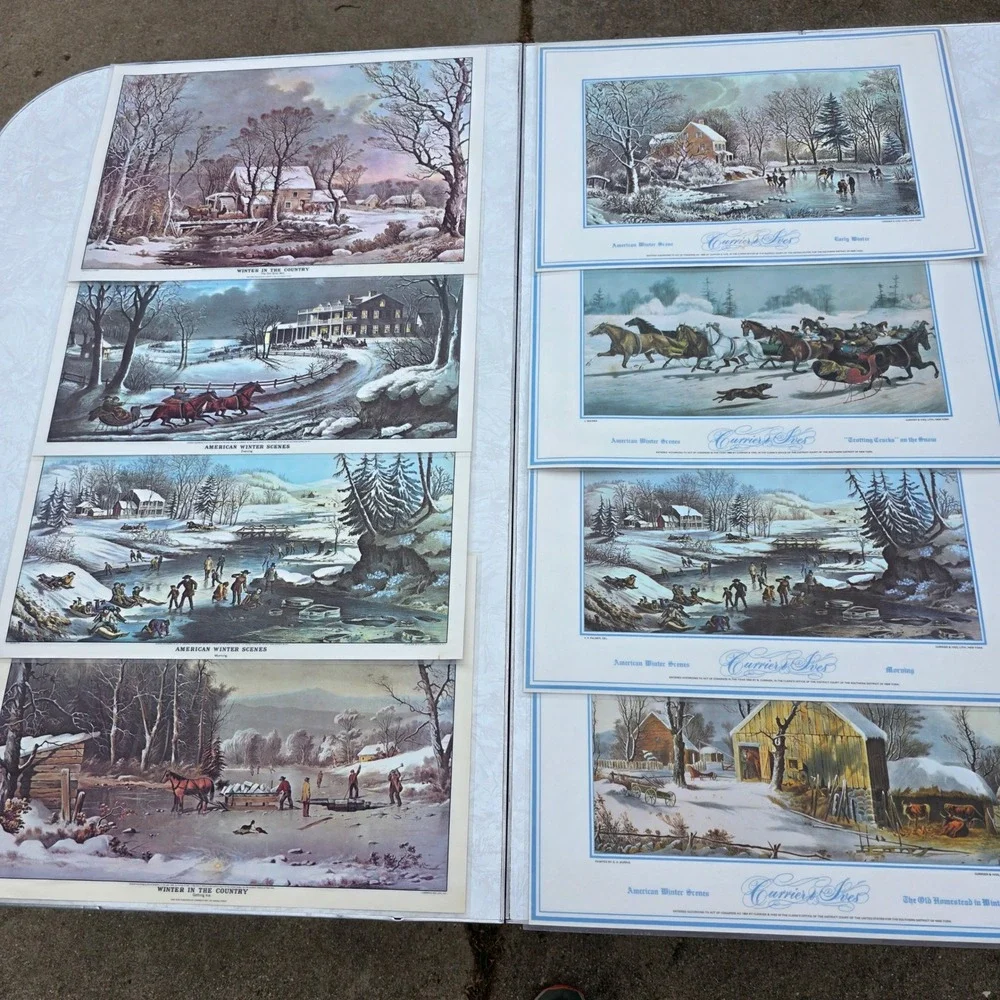 Vintage Currier & Ives Placemats Set of 8 Multicolor American‎ Winter Scenes